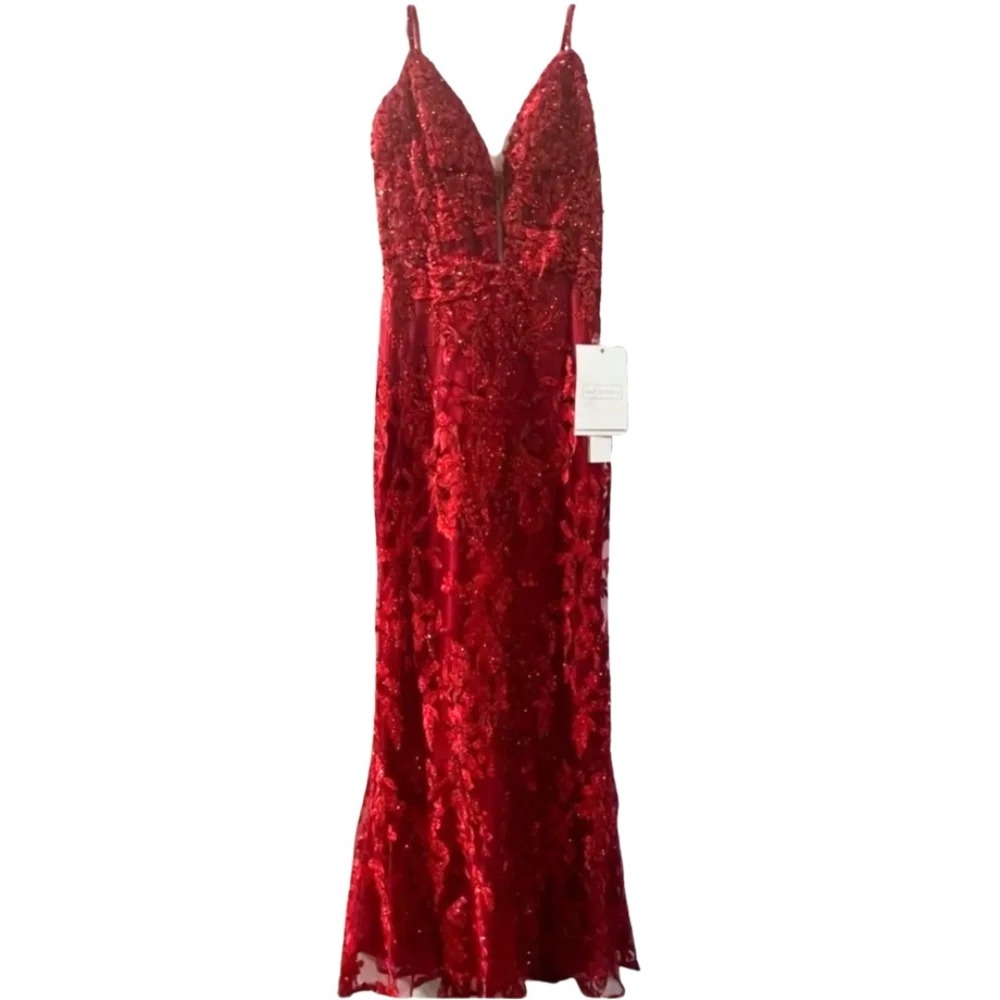 $798 Mac Duggal Size 14 Red Floral Embroidery Jeweled Long Maxi Gown Dress - Picture 4 of 7